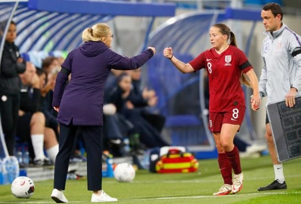 Sarina Wiegman, Head Coach of England interacts with Fran Kirby of England during the FIFA Women's World Cup 2023 Qualifier group D match between...