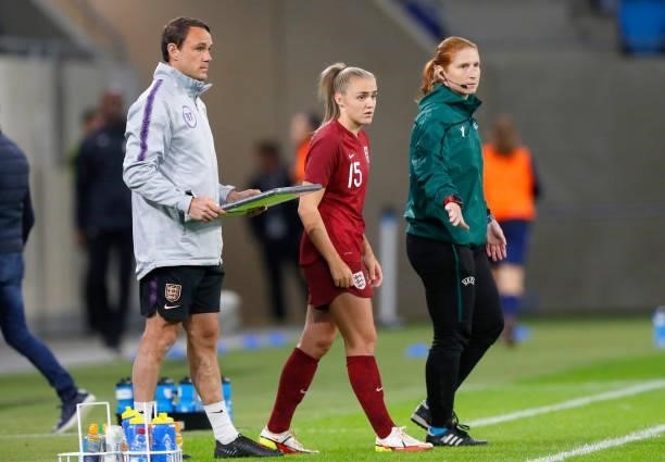 Georgia Stanway of England prepares to make their way onto the pitch during the FIFA Women's World Cup 2023 Qualifier group D match between...