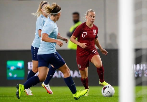 Beth Mead of England battles for possession with Isabel Albert of Luxembourg during the FIFA Women's World Cup 2023 Qualifier group D match between...