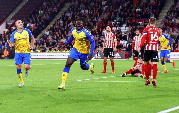 Mohammed Salisu of Southampton wheels away to celebrate during the Carabao Cup Third Round match between Sheffield United and Southampton at Bramall...