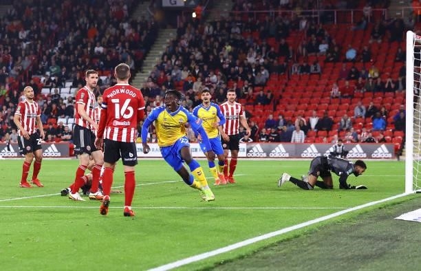 Mohammed Salisu of Southampton wheels away to celebrate during the Carabao Cup Third Round match between Sheffield United and Southampton at Bramall...