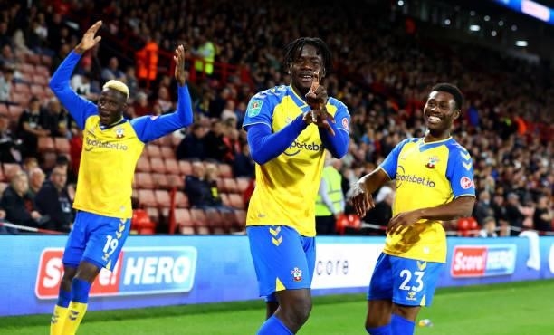 Mohammed Salisu of Southampton celebrates after putting his team 2-1 up during the Carabao Cup Third Round match between Sheffield United and...