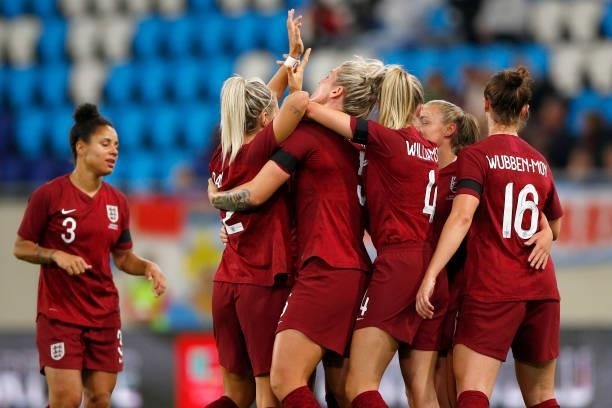 Millie Bright of England celebrates with teammates after scoring her team's seventh goal during the FIFA Women's World Cup 2023 Qualifier group D...