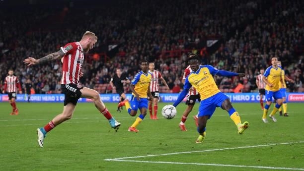Oliver McBurnie of Sheffield United scores their team's second goal during the Carabao Cup Third Round match between Sheffield United and Southampton...