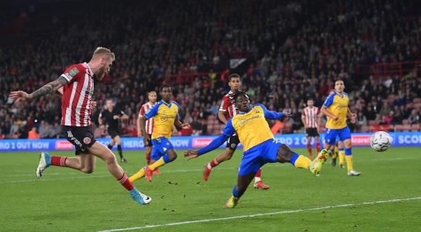 Oliver McBurnie of Sheffield United scores their team's second goal during the Carabao Cup Third Round match between Sheffield United and Southampton...