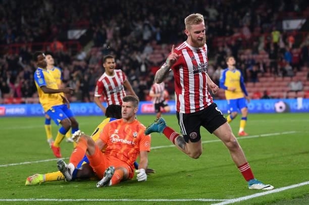 Oliver McBurnie of Sheffield United celebrates after scoring their team's second goal during the Carabao Cup Third Round match between Sheffield...
