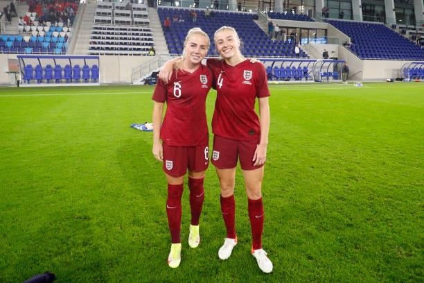 Alex Greenwood and Leah Williamson of England pose for a photograph after the FIFA Women's World Cup 2023 Qualifier group D match between Luxembourg...