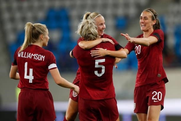 Millie Bright of England celebrates after scoring their side's eighth goal during the FIFA Women's World Cup 2023 Qualifier group D match between...