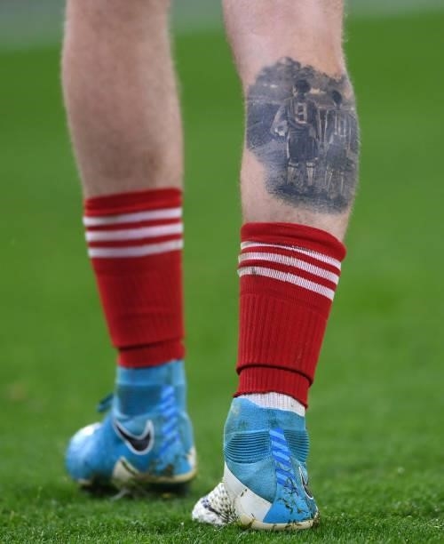 Tattoo on the right leg of Oliver McBurnie of Sheffield United during the Carabao Cup Third Round match between Sheffield United and Southampton at...