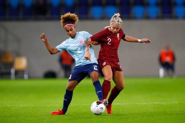 Kimberley Dos Santos of Luxembourg and Rachel Daly of England battle for possession during the FIFA Women's World Cup 2023 Qualifier group D match...