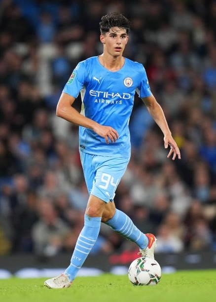 Finley Burns of Mnchester City runs with the ball during the Carabao Cup Third Round match between Manchester City and Wycombe Wanderers F.C. At...