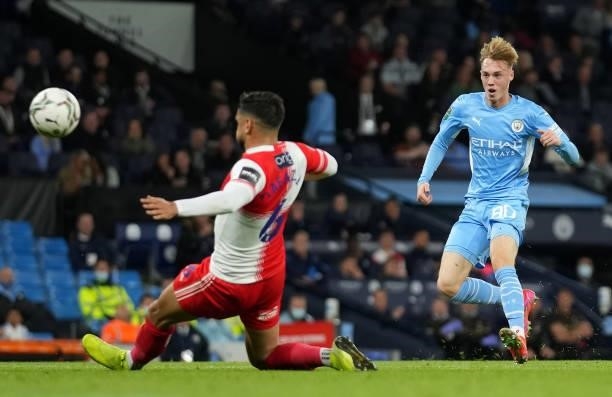 Cole Palmer of Manchester City scores their sides sixth goal during the Carabao Cup Third Round match between Manchester City and Wycombe Wanderers...