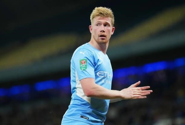 Kevin De Bruyne of Manchester City looks on during the Carabao Cup Third Round match between Manchester City and Wycombe Wanderers F.C. At Etihad...