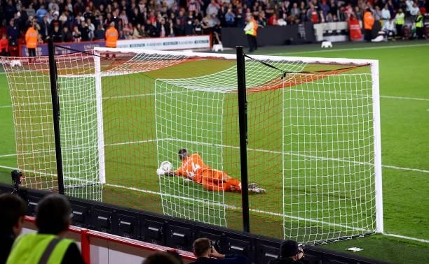 Fraser Forster of Southampton saves a penalty during the Carabao Cup Third Round match between Sheffield United and Southampton at Bramall Lane on...