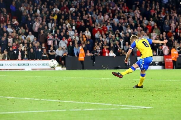 James Ward-Prowse of Southampton scores his penalty during the Carabao Cup Third Round match between Sheffield United and Southampton at Bramall Lane...