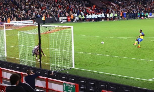 Ibrahima Diallo of Southampton scores his penalty during the Carabao Cup Third Round match between Sheffield United and Southampton at Bramall Lane...