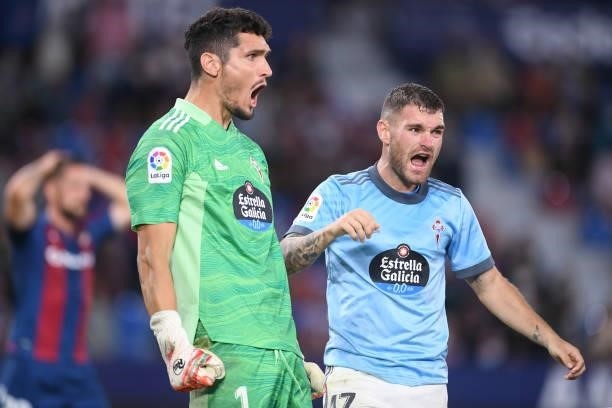 Matias Dituro of Levante celebrates after saving a penalty during the La Liga Santander match between Levante UD and RC Celta de Vigo at Ciutat de...