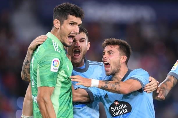 Matias Dituro of Levante celebrates after saving a penalty during the La Liga Santander match between Levante UD and RC Celta de Vigo at Ciutat de...
