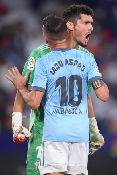Matias Dituro of Levante celebrates with Enis Bardhi after saving a penalty during the La Liga Santander match between Levante UD and RC Celta de...