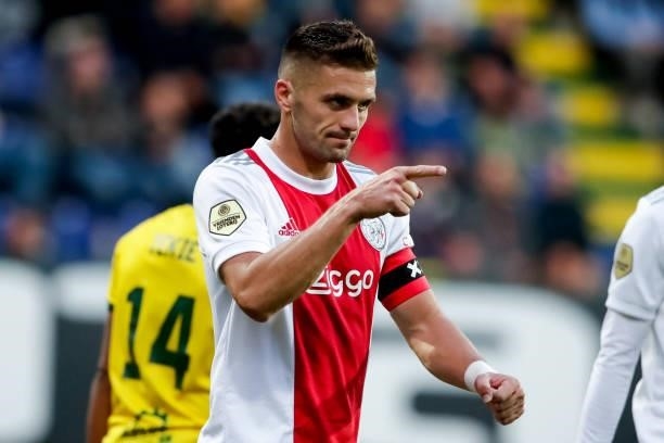 Dusan Tadic of Ajax celebrates after scoring his sides third goal during the Dutch Eredivisie match between Fortuna Sittard and Ajax at Fortuna...
