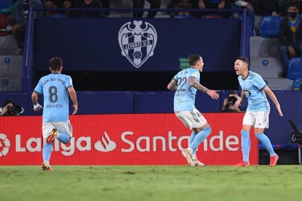 Iago Aspas of Celta Vigo celebrates with Santi Mina after scoring their sides first goal during the La Liga Santander match between Levante UD and RC...