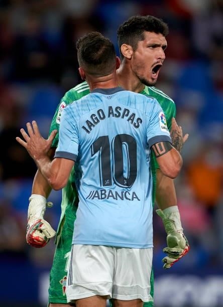 Matias Dituro of RC Celta reacts after saveing a penalty from Roger Marti of Levante UD during the La Liga Santander match between Levante UD and RC...