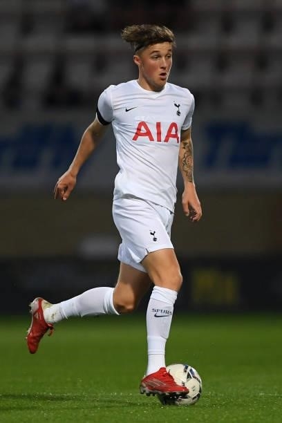 Alfie Devine of Tottenham Hotspur runs with the ball during the Papa John's Trophy Group P match between Cambridge United and Tottenham Hotspur U21...
