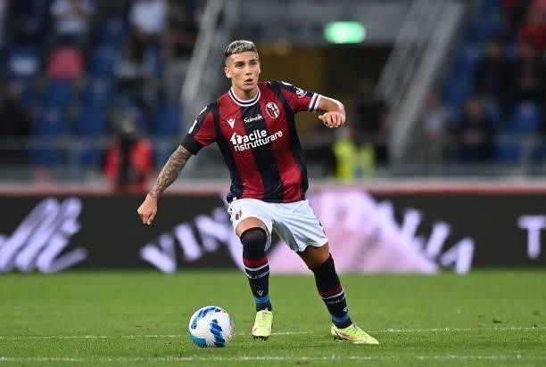 Nicolas Dominguez of Bologna FC in action during the Serie A match between Bologna FC v Genoa CFC at Stadio Renato Dall'Ara on September 21, 2021 in...