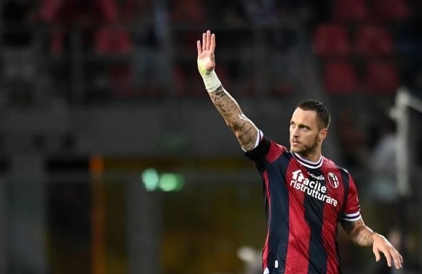 Marko Arnautovic of Bologna FC celebrates after scoring his team second goal during the Serie A match between Bologna FC v Genoa CFC at Stadio Renato...
