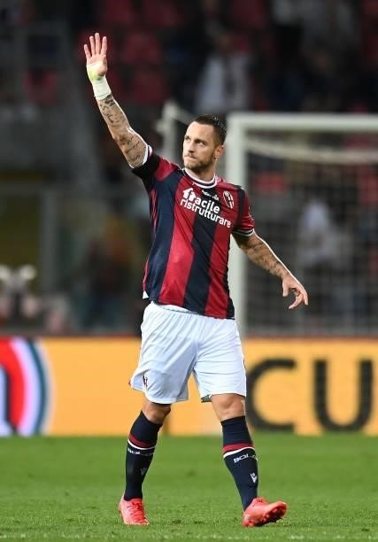 Marko Arnautovic of Bologna FC celebrates after scoring his team second goal during the Serie A match between Bologna FC v Genoa CFC at Stadio Renato...