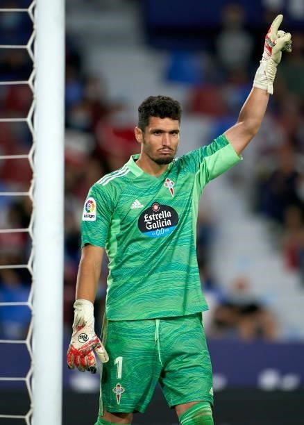 Matias Dituro of RC Celta reacts after saves a penalty from Roger Marti of Levante UD during the La Liga Santander match between Levante UD and RC...