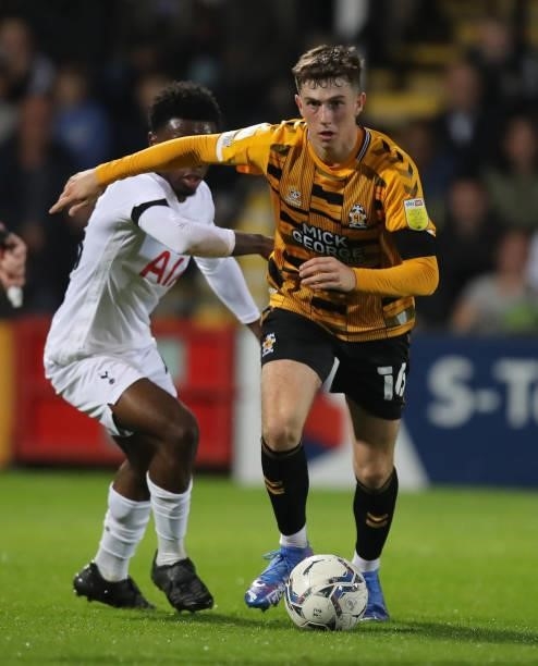 Jenson Weir of Cambridge United in action during the Papa John's Trophy match between Cambridge United and Tottenham Hotspur U21 at Abbey Stadium on...