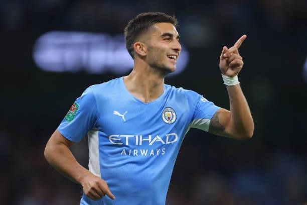 Ferran Torres of Manchester City celebrates after scoring their fourth goal during the Carabao Cup Third Round match between Manchester City and...