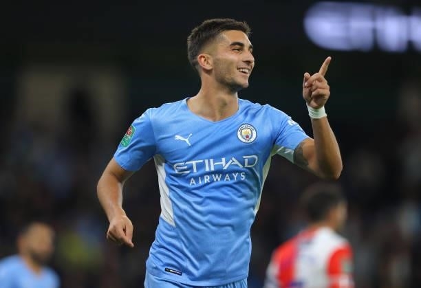 Ferran Torres of Manchester City celebrates after scoring their fourth goal during the Carabao Cup Third Round match between Manchester City and...