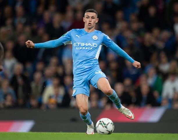 Phil Foden of Manchester City in action during the Carabao Cup Third Round match between Manchester City and Wycombe Wanderers F.C. At Etihad Stadium...