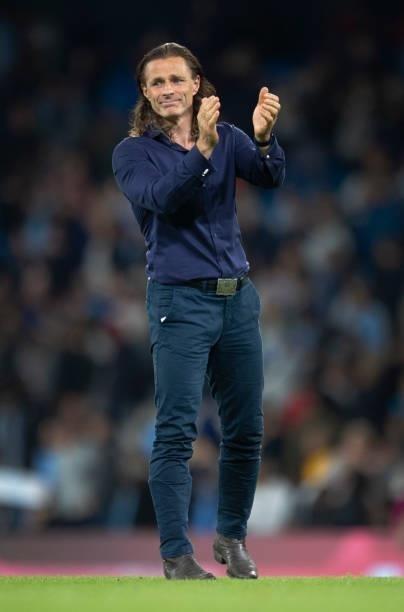 Wycombe Wanderers manager Gareth Ainsworth applauds the fans after the Carabao Cup Third Round match between Manchester City and Wycombe Wanderers...
