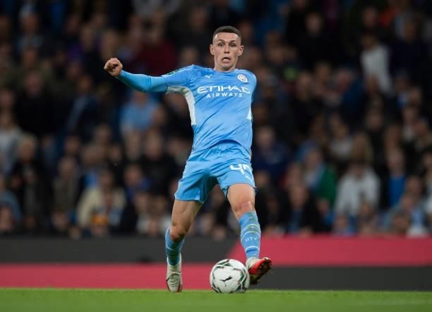 Phil Foden of Manchester City in action during the Carabao Cup Third Round match between Manchester City and Wycombe Wanderers F.C. At Etihad Stadium...