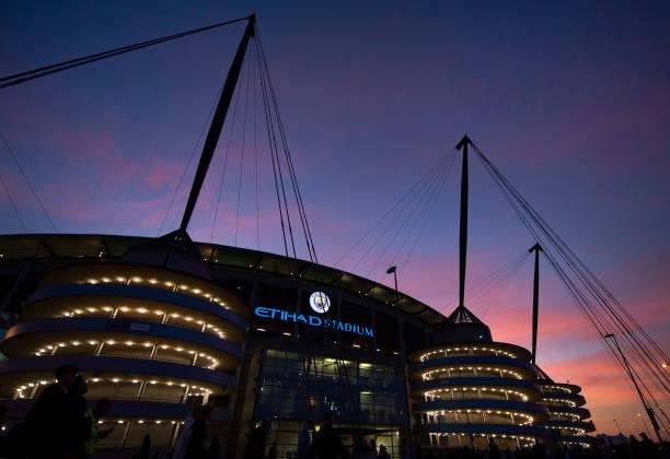 The sun sets behind the Etihad Stadium before the Carabao Cup Third Round match between Manchester City and Wycombe Wanderers F.C. At Etihad Stadium...