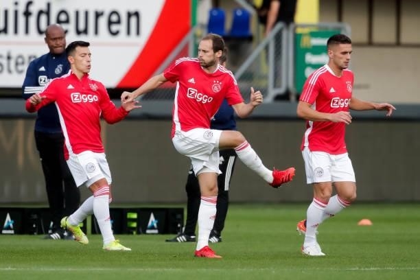 Daley Blind of Ajax warms up during the Dutch Eredivisie match between Fortuna Sittard and Ajax at Fortuna Sittard Stadion on September 21, 2021 in...