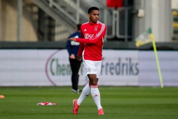 Jurrien Timber of Ajax warms up during the Dutch Eredivisie match between Fortuna Sittard and Ajax at Fortuna Sittard Stadion on September 21, 2021...