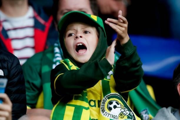 Young fan of Fortuna Sittard during the Dutch Eredivisie match between Fortuna Sittard and Ajax at Fortuna Sittard Stadion on September 21, 2021 in...