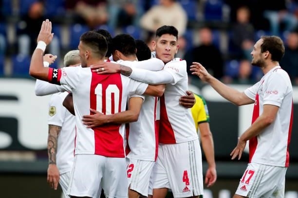Noussair Mazraoui of Ajax celebrates with his team mates after scoring his sides second goal during the Dutch Eredivisie match between Fortuna...