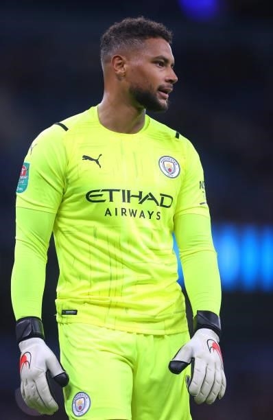 Zack Steffen of Manchester City looks on during the Carabao Cup Third Round match between Manchester City and Wycombe Wanderers F.C. At Etihad...