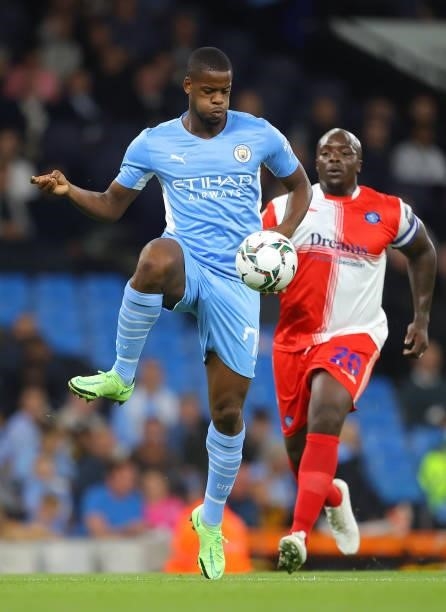 Luke Mbete-Tabu of Manchester City during the Carabao Cup Third Round match between Manchester City and Wycombe Wanderers F.C. At Etihad Stadium on...
