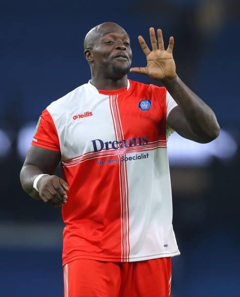Adebayo Akinfenwa of Wycombe Wanderers F.C. Looks on after the Carabao Cup Third Round match between Manchester City and Wycombe Wanderers F.C. At...