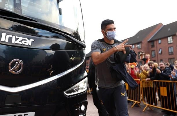 Raul Jimenez of Wolverhampton Wanderers arrives at the stadium prior to the Carabao Cup Third Round match between Wolverhampton Wanderers and...