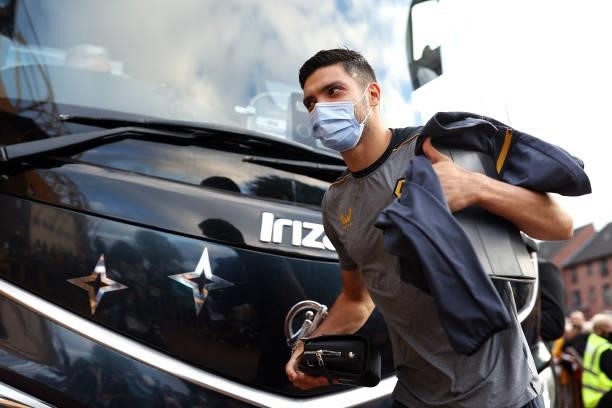 Raul Jimenez of Wolverhampton Wanderers arrives at the stadium prior to the Carabao Cup Third Round match between Wolverhampton Wanderers and...