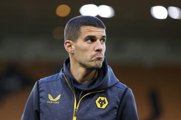 Conor Coady of Wolverhampton Wanderers inspects the pitch prior to the Carabao Cup Third Round match between Wolverhampton Wanderers and Tottenham...