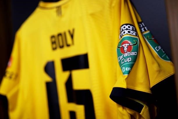 Detailed view of the Carabao Cup sleeve badge on the shirt of Willy Boly of Wolverhampton Wanderers inside the dressing room prior to the Carabao Cup...