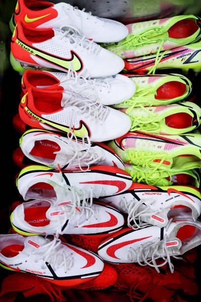 Detailed view of players boots inside the dressing room prior to the Carabao Cup Third Round match between Wolverhampton Wanderers and Tottenham...